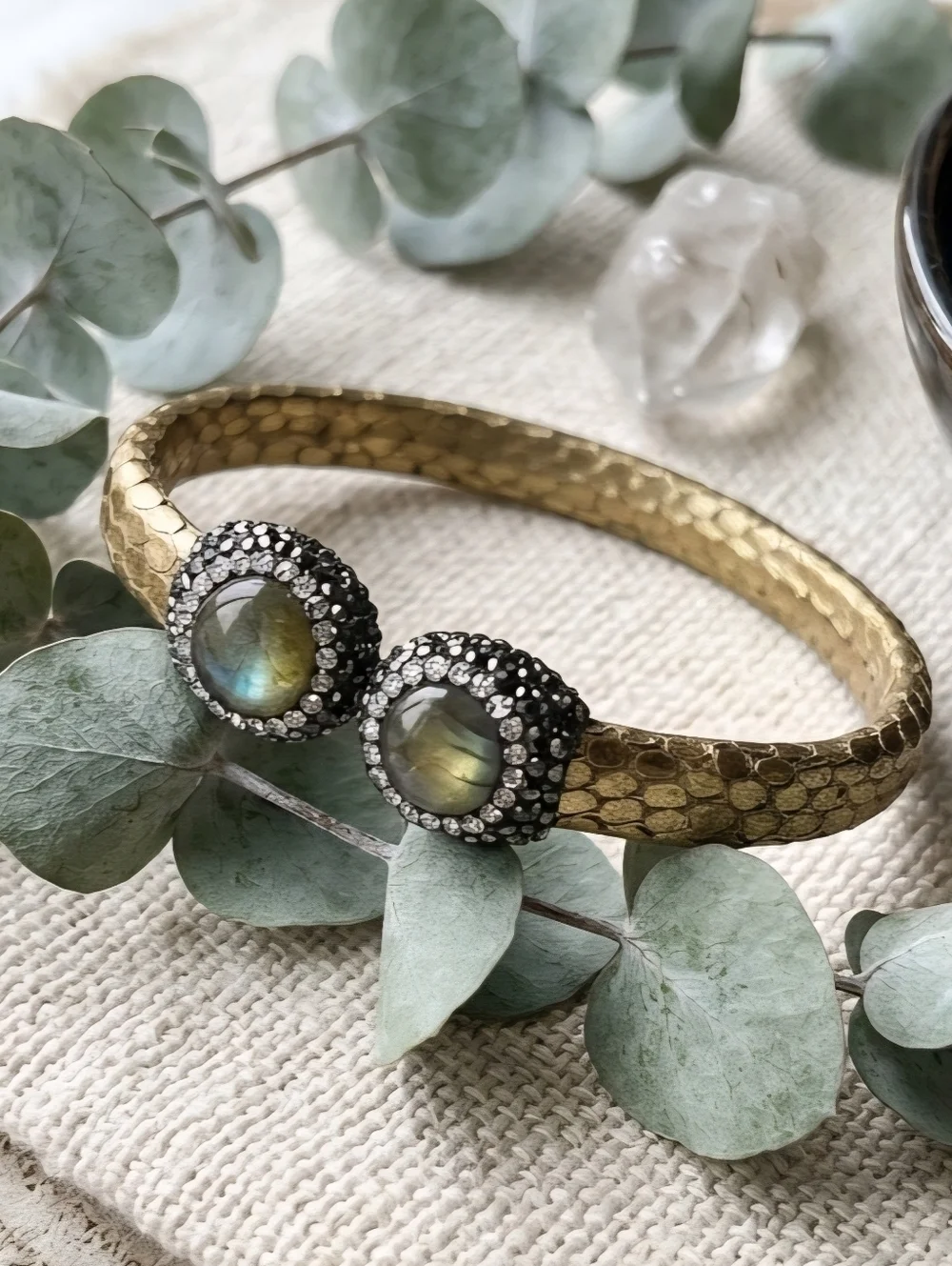 Golden Python Leather Labradorite Open Cuff Bracelet Artisan Statement Jewelry